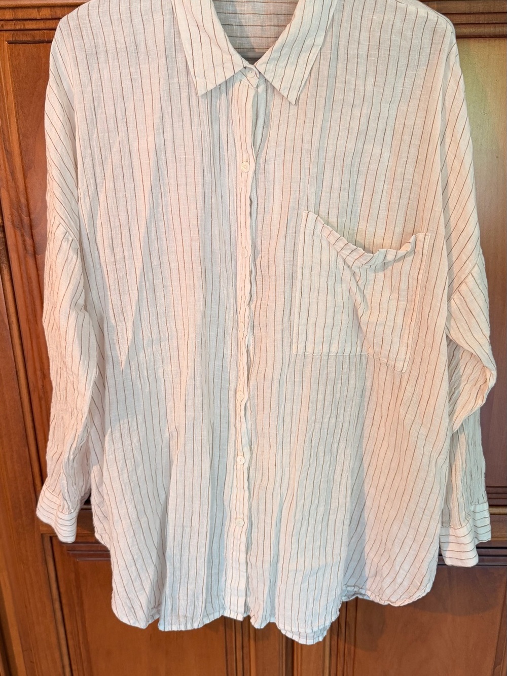 Eileen Fisher 100% Organic Linen Button-Up Shirt - White with Khaki Stripes